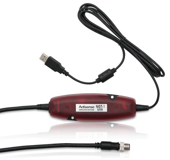 The NGT-1 gateway from NMEA2000 to USB: a device with two cables, one with a USB connector and the other with an NMEA2K connector