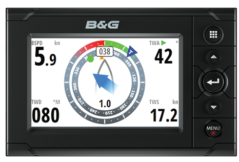 A B&G instrument display showing boat speed, true wind angle, direction and speed, and compass heading of a boat.