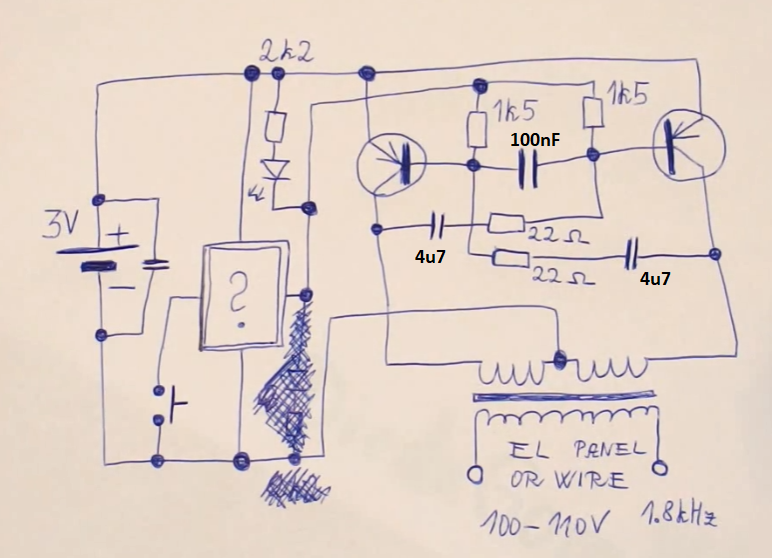A hand-drawn circuit schematic of a typical pocket-size EL-wire driver pack's AC inverter.