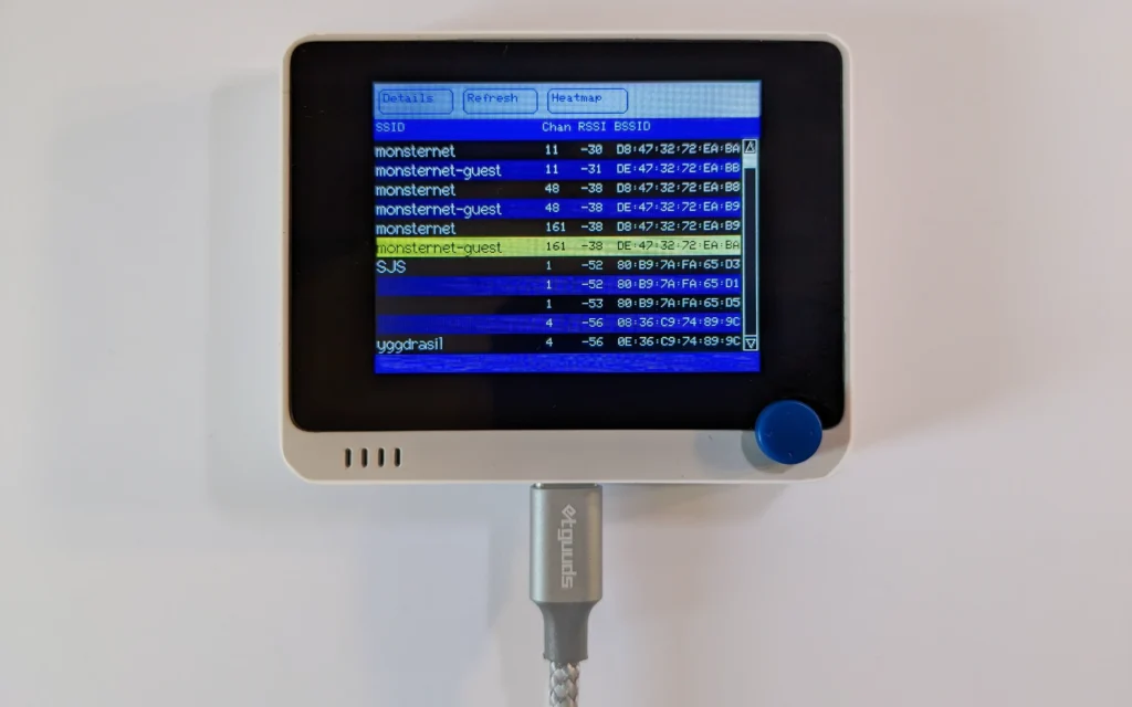 An embedded device with LCD displays the wifi spectrum analyzer app