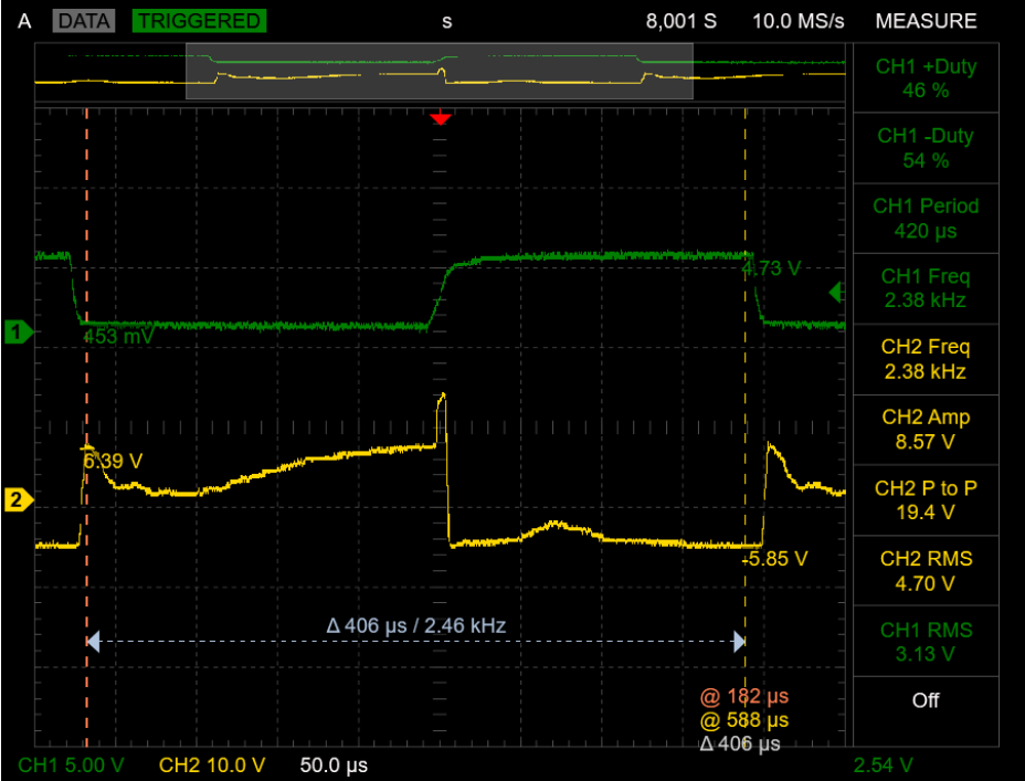 Oscilloscope trace of AC_POS signal and one half of the input AC voltage sine wave as driven by transistor Q2.