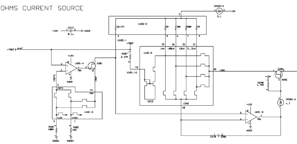 Schematic of the internal current source from the HP 54401A multimeter. It is labeled OHMS CURRENT SOURCE and shows two op amps, several switches, resistors, and JFETs.
