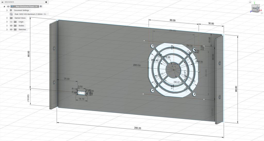 3d CAD rendering of an aluminum rear panel for an enclosure, with a circular cutout with a grill for a fan, a small oval cutout for USB port, and 90 degree bent sides with mounting holes drilled in.