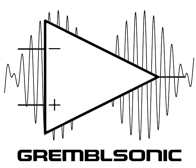 A logo for the Gremblsonic audio brand, consisting of an op amp circuit schematic symbol overlaid on top of a waveform consisting of a sinusoid with a "beat" envelope imposed on it. The word mark GREMBLSONIC appears beneath in a similar bold 80's corporate font as Nintendo used to brand the original NES.