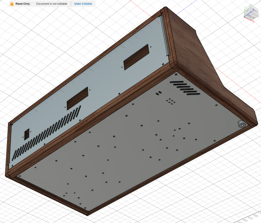 Back and rear exterior view of the enclosure. Many mounting holes are drilled in the base, as well as slots for air intake. The rear panel has panel cutouts for subpanel mounting as well as a large air exchange grille.