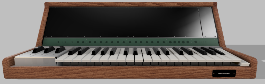 3D rendering of a keyboard synth with 37-key keybed, three wheel controls, and a row of Eurorack modules across the top, in a wooden keyboard cabinet