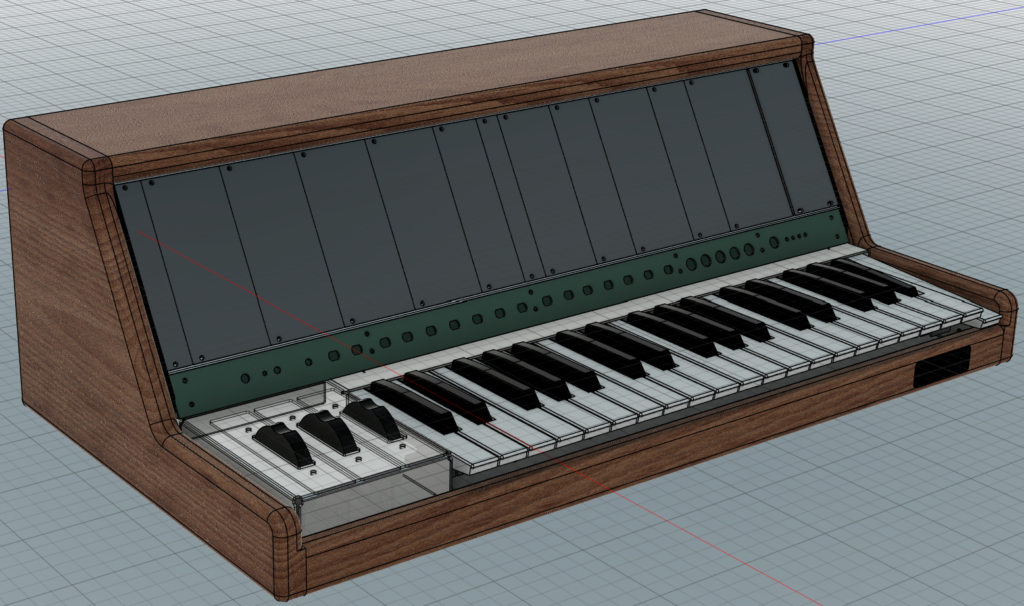 3D render of the synth case in the CAD design tool, looking at it from the front but offset slightly to the left