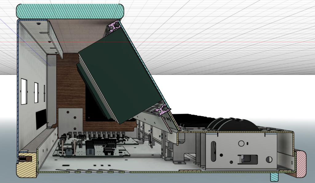 Section view of the assembled synth and enclosure, with modules and circuit boards visible inside.