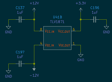 The second functional unit of one TLV1871 in an electrical schematic. Input supplies are at +12V and -12V, and output is at +3.3V and GND. All non-ground elements are decoupled with 1uF capacitors.
